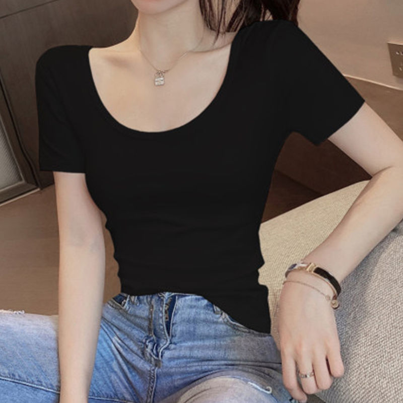Camiseta blanca para mujer, manga corta, cuello en U, nuevo estilo de verano 2025, escote bajo, top delgado y ajustado, camiseta básica ajustada.