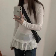 芭蕾风木耳边褶皱裙摆长袖T恤女春季2025新款小众显瘦叠穿打底衫