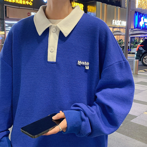Cross-border 2025 Spring and Autumn New Men's Polo Shirt Collar Long Sleeve T-shirt Contrast Color Couple Base Shirt Loose