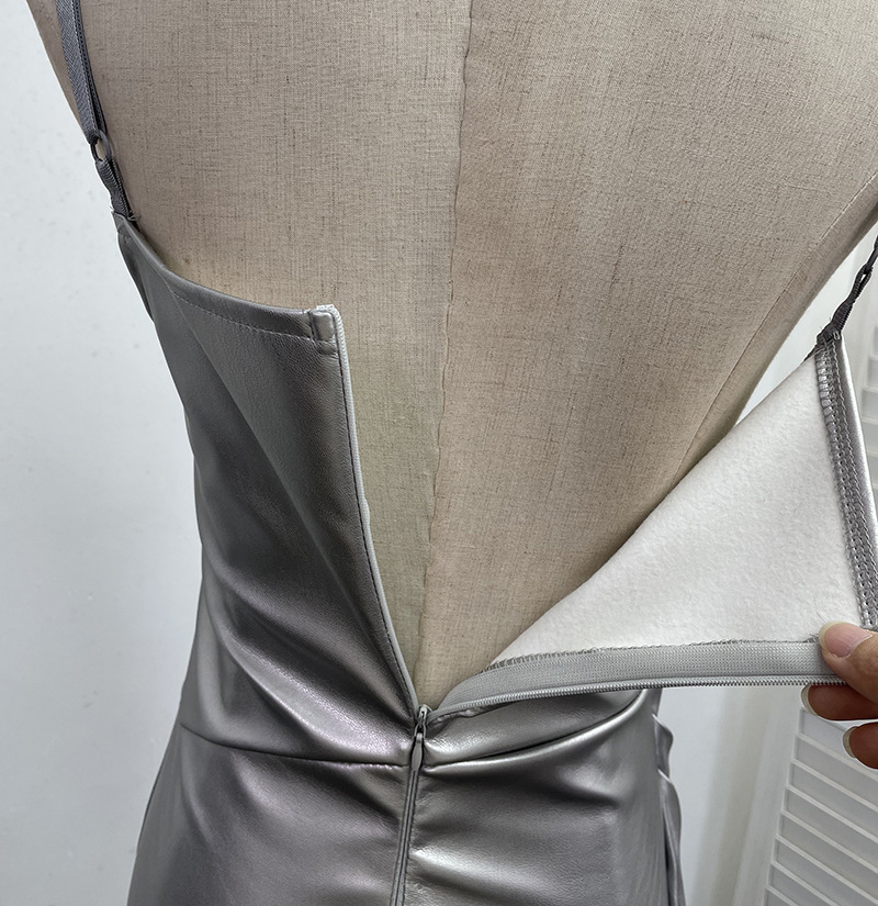 Chest Pad Halter Spaghetti Straps Dress Sexy Slim Fit Ruffle Hip Faux Leather Sexy 23 Chest Pad Halter Spaghetti Straps Dress Sexy Slim Fit Ruffle Hip Faux Leather Sexy