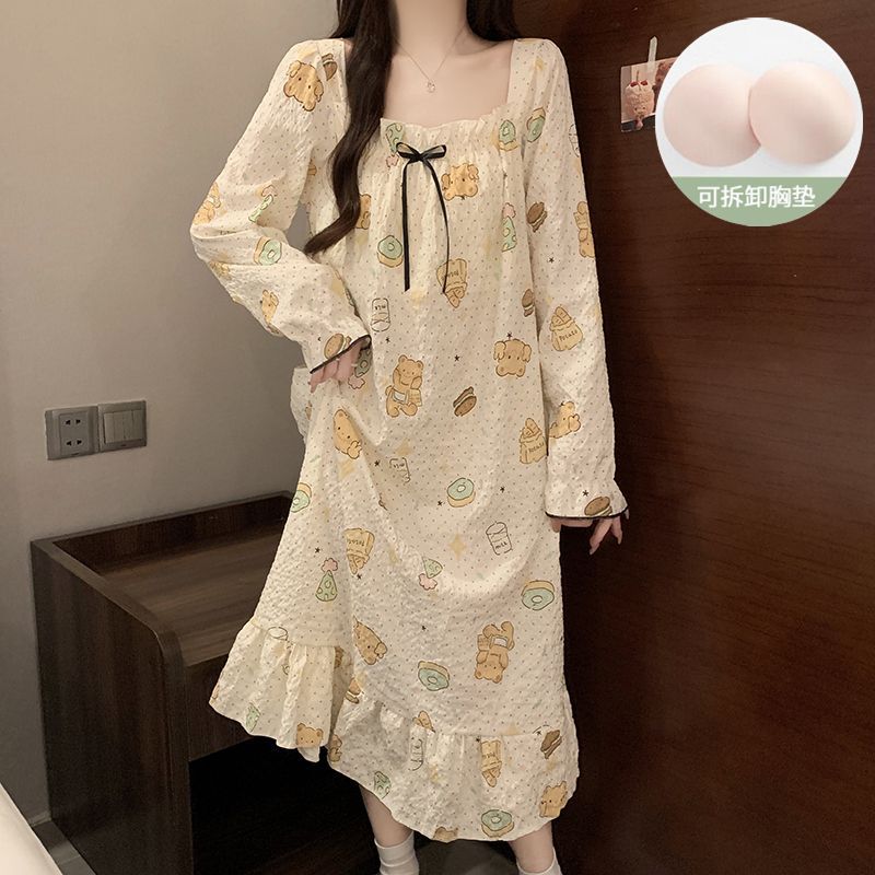 Venta al por mayor transfronteriza nube de algodón con almohadilla para el pecho Camisón largo de manga larga desmontable Otoño nuevo pijama niña dulce servicio a domicilio