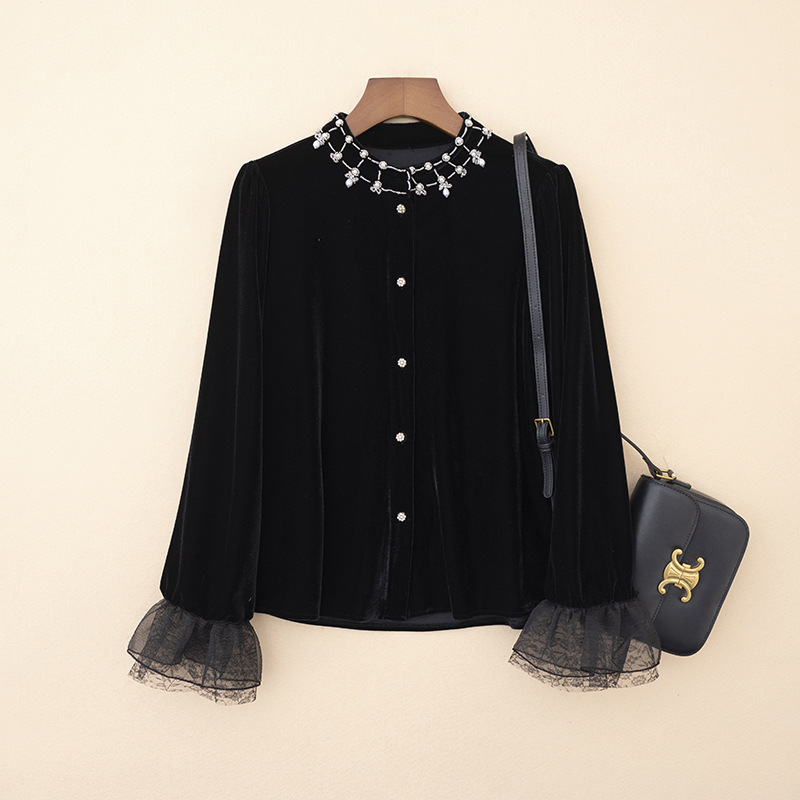 European Station Nail Collar Pearl Shirt Stretch Gold Velvet Lace Slimming Trumpet Sleeve Cardigan Top Elegant