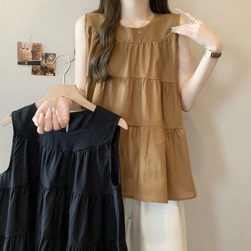 Женская одежда больших размеров, рекомендуемая для полных мм ~ плиссированные топы-бебидоллы, закрывающие живот, женские летние свободные жилеты без рукавов