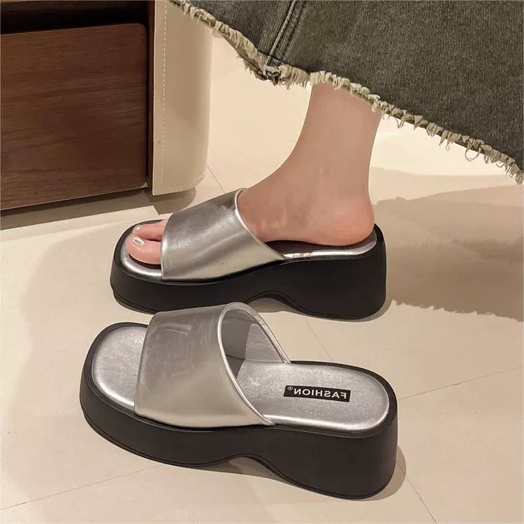 Новые женские повседневные тапочки в корейском стиле 2025 года, модные черные туфли на толстой подошве для увеличения роста, простые женские тапочки с квадратным носком