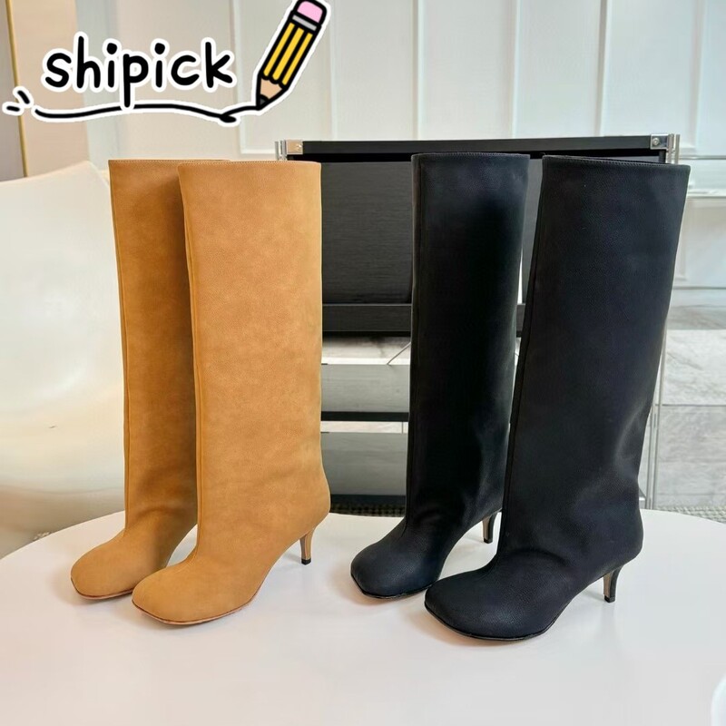 High-End Quality 2024 Autumn and Winter Suede Round Toe Retro Stiletto High Heel Wide Straight Knee-High Boots