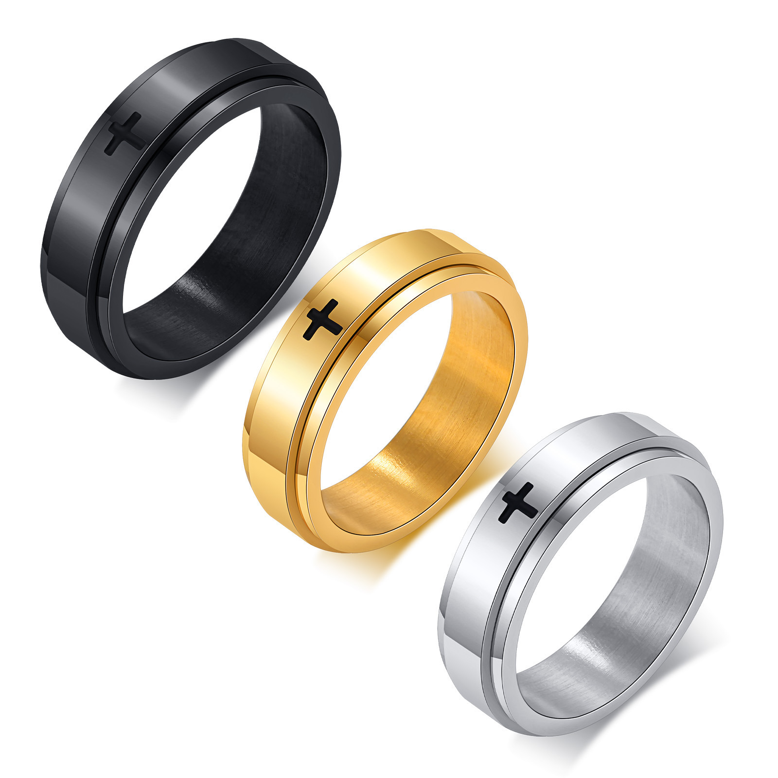 Stainless steel laser corrosion cross rotatable rotating ring black men's index finger jewelry wholesale R-589
