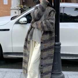 秋冬新款复古宽松撞色条纹连帽中长款毛衣外套女大码慵懒针织上衣