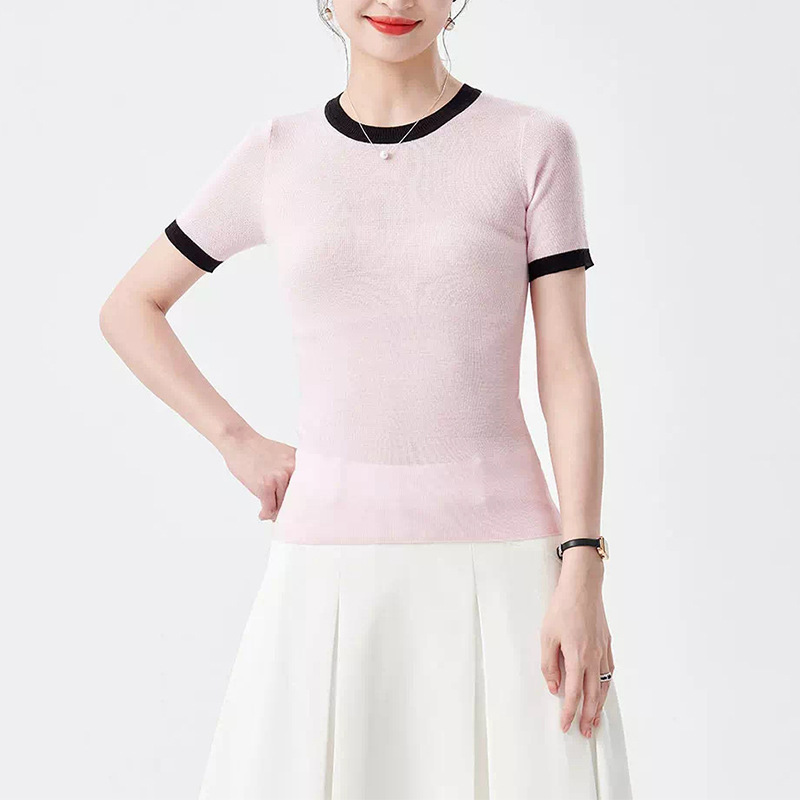 [Special Sale] T-Shirt Women's Summer Knitted Sweater Short Sleeve Women's Wool Striped Round Neck Short Bottoming Sweater Women
