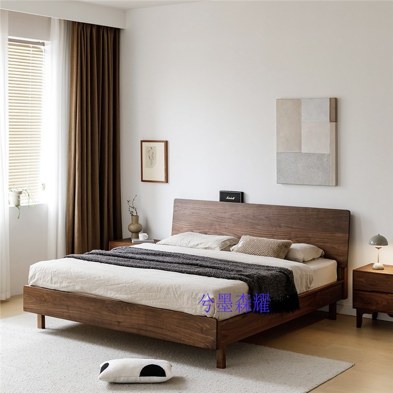 North American Black Walnut Solid Wood Double Bed, Modern Minimalist Style Master Bedroom Home Wedding Bed, Practical Model for Families with Mortise and Tenon Joints