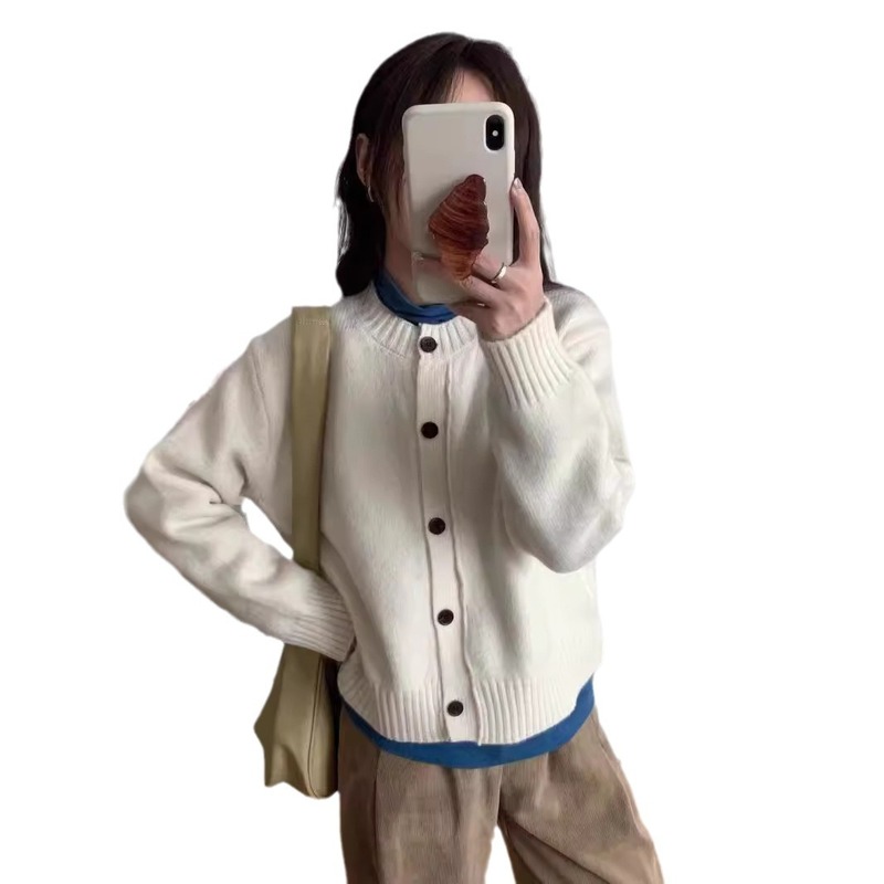 実拍のきれいな色の丸首のゆったりした単列のボタンのコートの女性の復古の簡単な長袖のカーディガンのコートの怠惰な風の上着|undefined