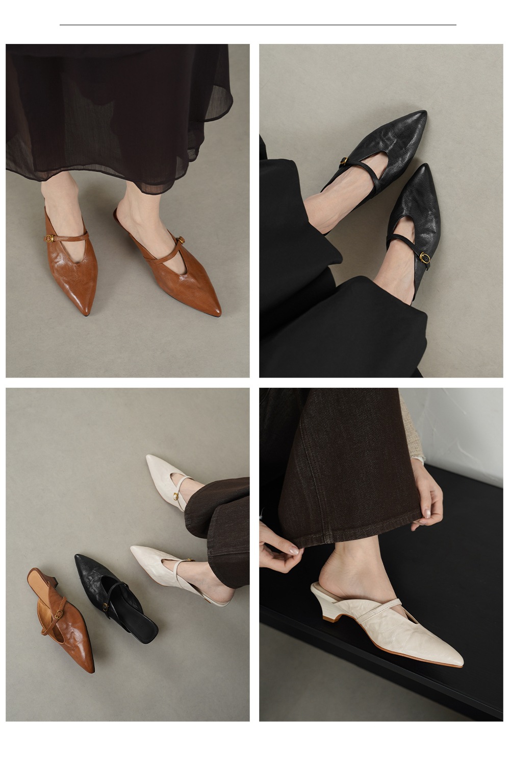 Giày mule nữ da cừu mũi nhọn quai ngang gót thấp — đen chi tiết 1