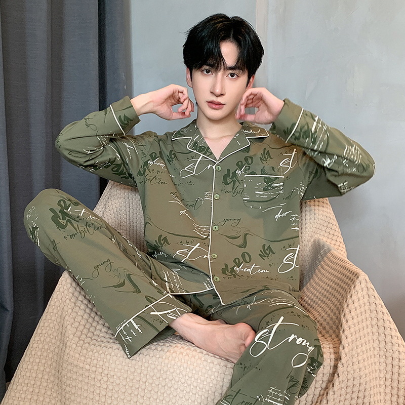 Pijama de primavera y otoño para hombres, camiseta de mangas largas, pantalones largos de tamaño grande que se pueden usar con ropa casera juvenil.