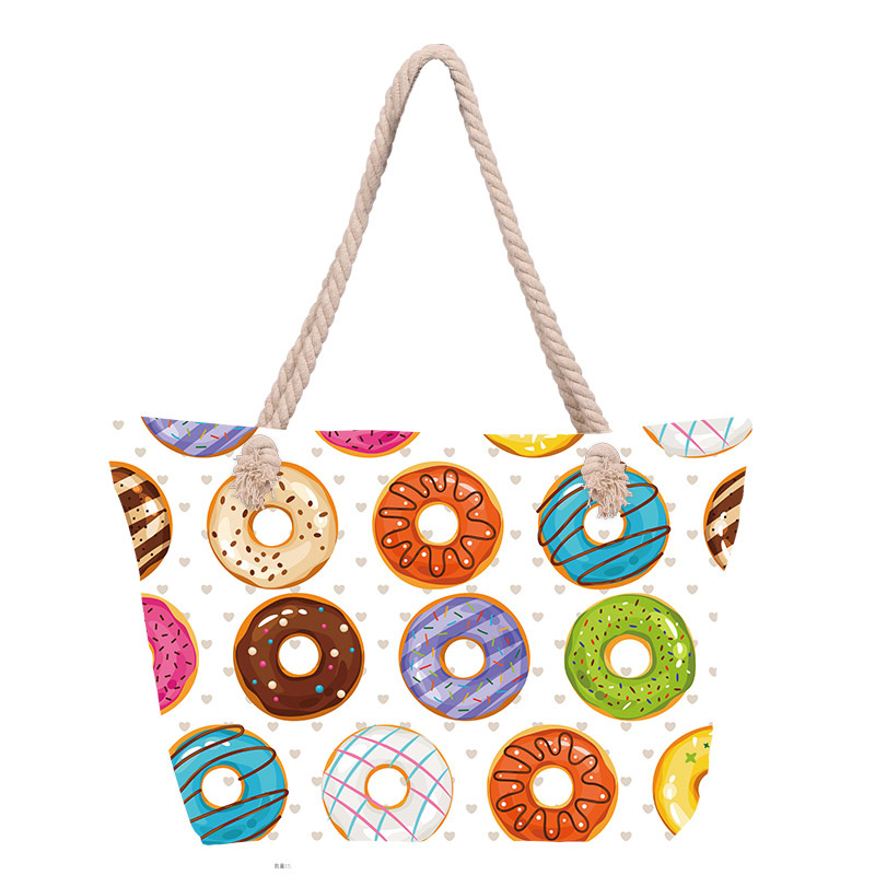 Bolso de playa impreso para mujer de venta caliente transfronterizo Bolso de lona portátil de gran capacidad Bolso de hombro junto al mar Bolso de mano con cuerda de algodón