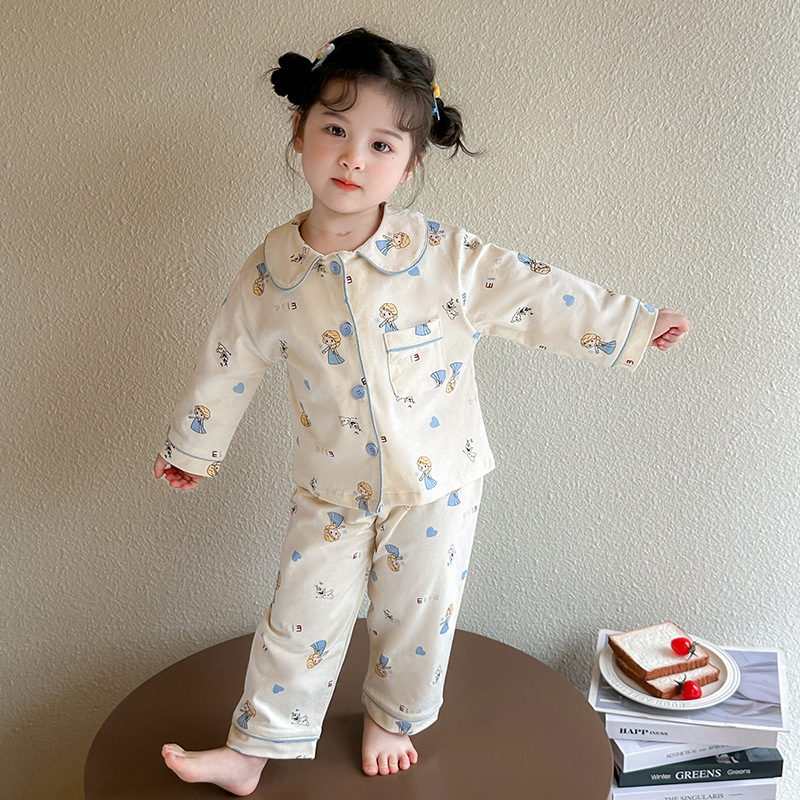 Pijamas para niñas primavera y otoño 2025 nuevo estilo cuello de muñeca para niños traje de servicio a domicilio de manga larga traje de dos piezas de otoño para bebés