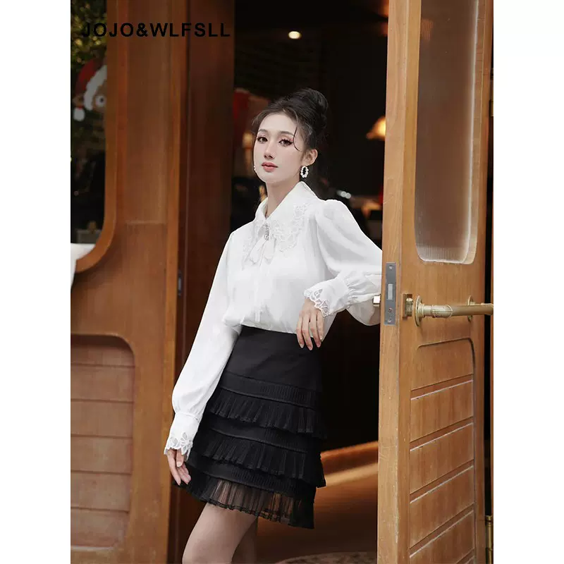 现货Gourcuff女装2026春季新款法式欧根纱刺绣缎面雪纺白色衬衫女