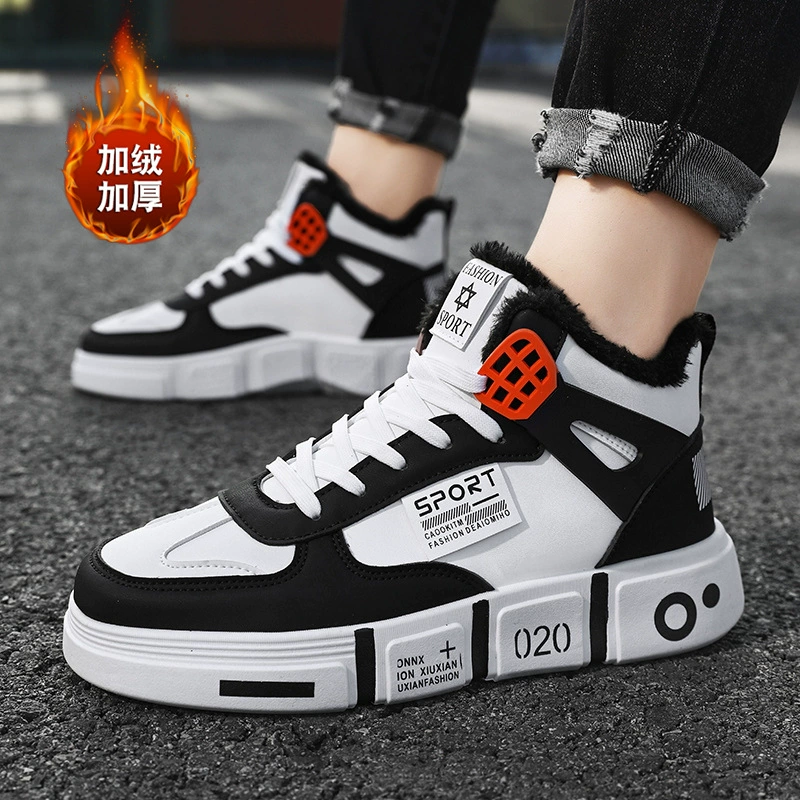 Мужские высокие кроссовки 2025: новая зимняя модель, утепленные флисом, на толстой подошве, для снега, из хлопка, студенческие, спортивные, кожаные, повседневные.