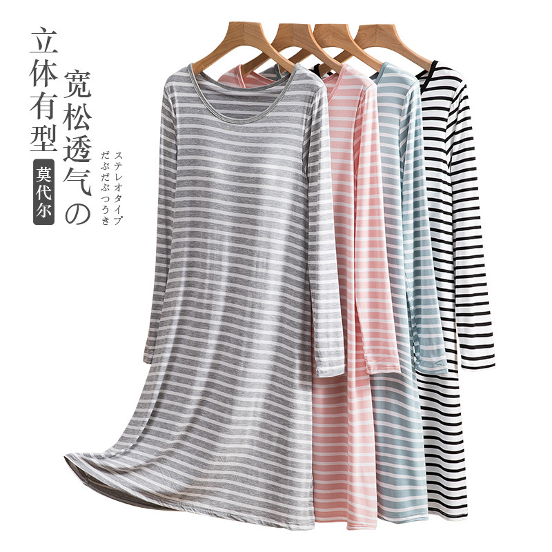 Modal Padded Nightgown Women's Stripesd Pajamas Autumn and Winter Home Wear Cup One-Piece Round Neck Long-Sleeved Nightgown Large Size