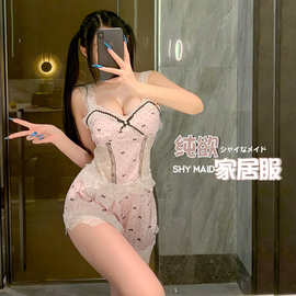 纯欲性感冰丝睡衣女式露背蕾丝蝴蝶结镂空背心短裤家居服两件套装