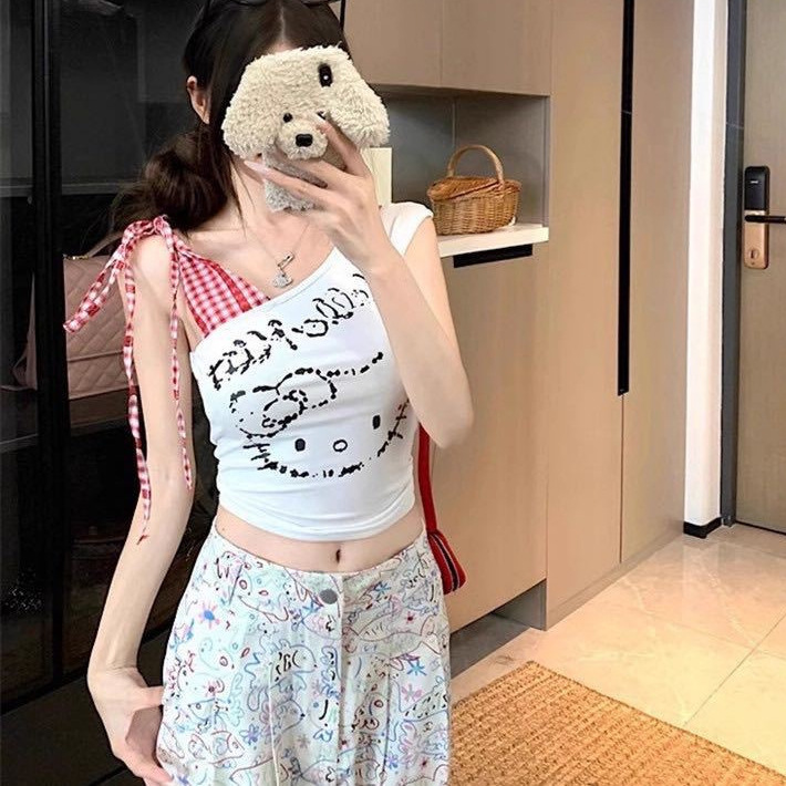 格子拼接kt印花斜单肩绑带小背心女T恤夏季设计感小众辣妹短款衣