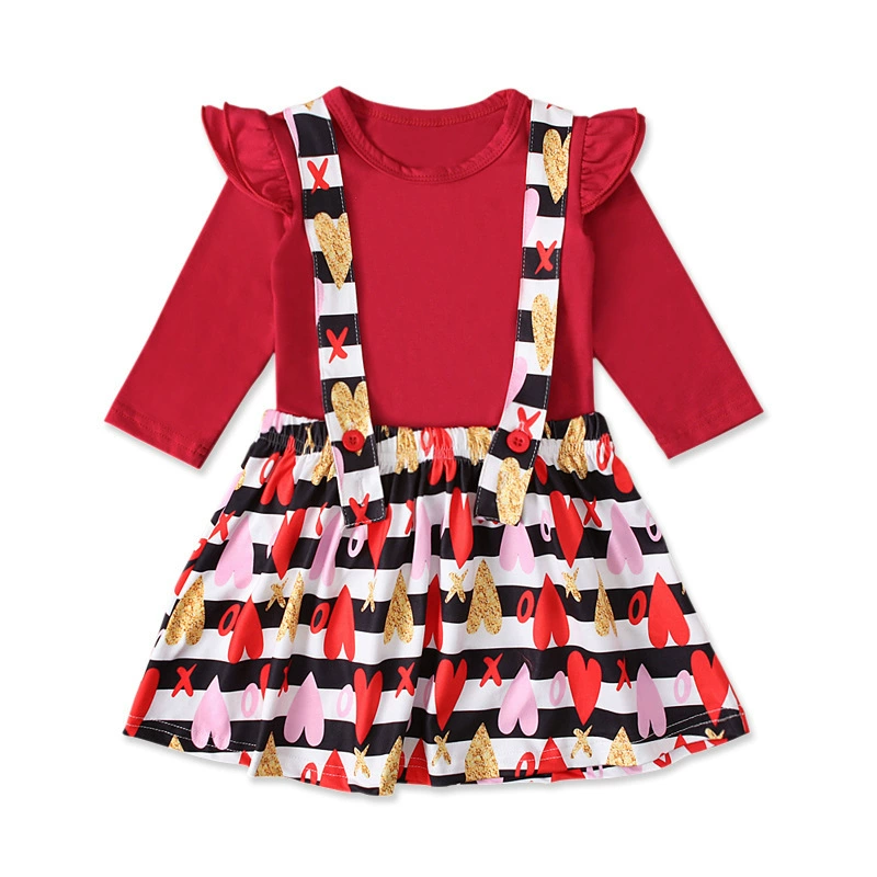 Demi-season colored long-sleeve for St. Valentine's Day, dress, skirt, set, European style, children's clothing