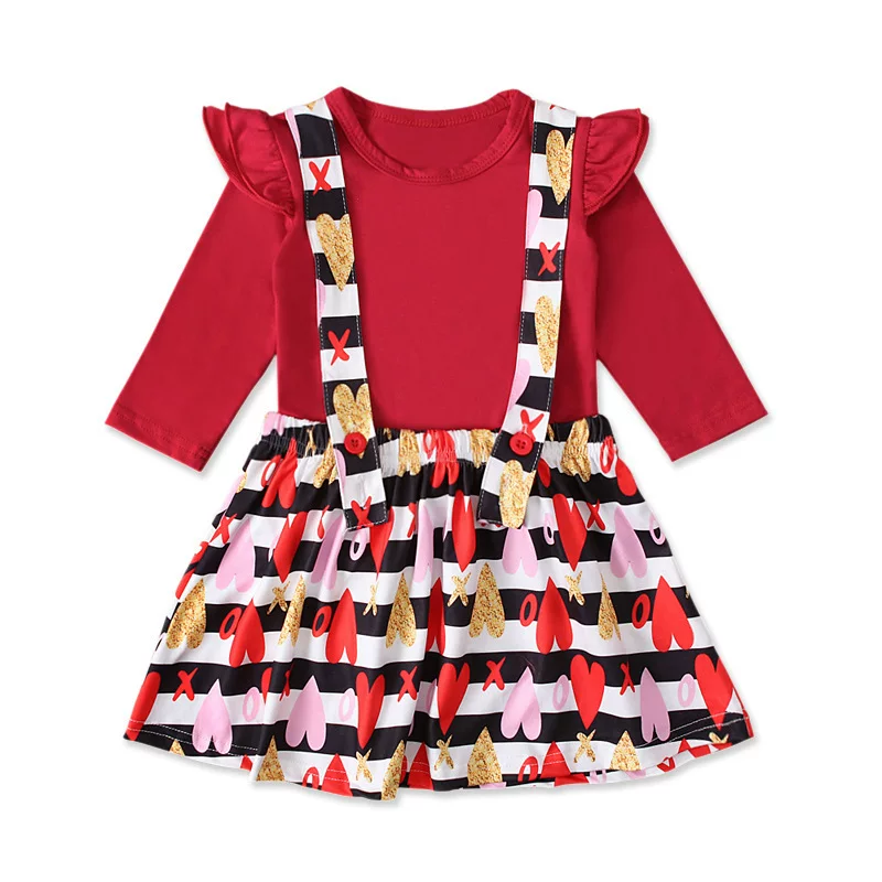 Demi-season colored long-sleeve for St. Valentine's Day, dress, skirt, set, European style, children's clothing