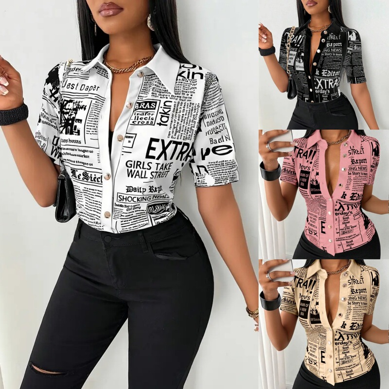 2025 Independent Station wish Amazon Explosions Summer Fashion Newspaper Printed Single-breasted V-neck Shirt Shirt for Women 2025 Independent Station wish Amazon Explosions Summer Fashion Newspaper Printed Single-breasted V-neck Shirt Shirt for Women