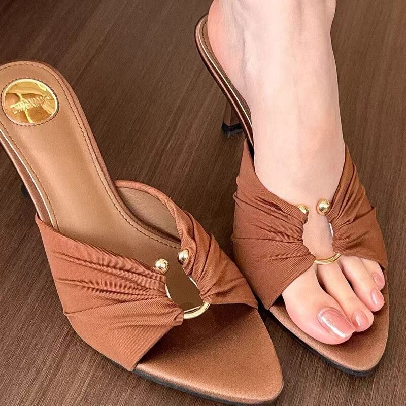 2025 Brown Stiletto Sandals for Women to Wear Retro Open-Toe New High-Heeled Sandals Summer Pointed Toe Sexy Pleats 2025 Brown Stiletto Sandals for Women to Wear Retro Open-Toe New High-Heeled Sandals Summer Pointed Toe Sexy Pleats