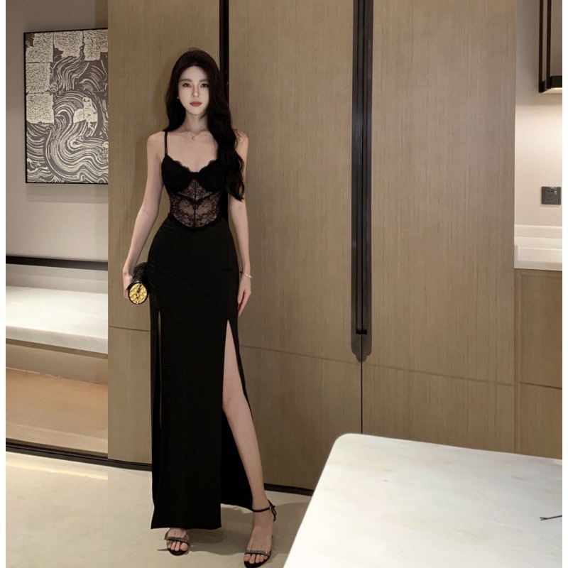 Real shot retro black lace stitching high slit sexy sheath waist-tight elegant suspender dress evening dress