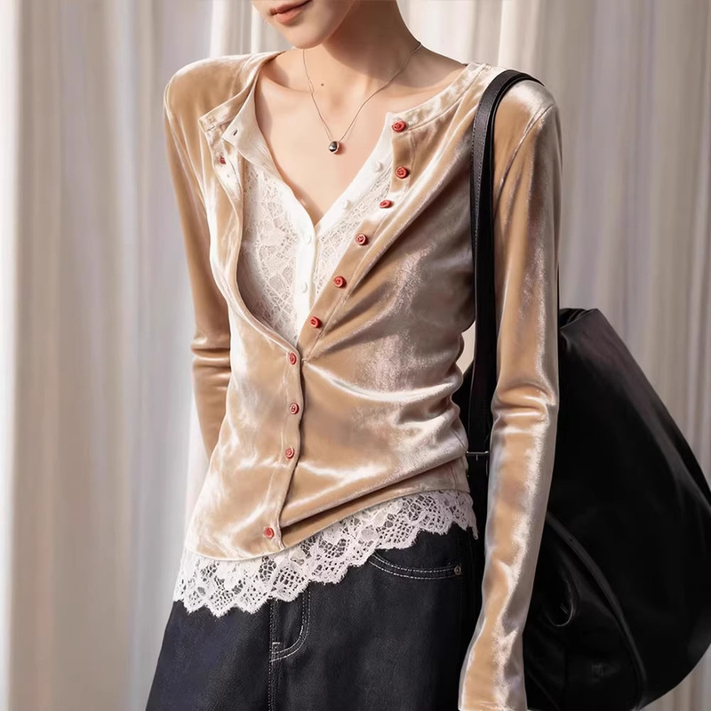 Super Cool Stuff, Absolutely Stunning! Champagne-Colored Lace Patchwork Faux Two-Piece Velvet Shirt for Women, Autumn and Winter Stylish Inner Wear Top