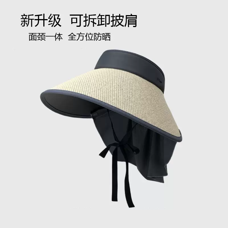 新款披肩护颈遮阳帽草编可卷防晒帽面颈一体空顶帽户外百搭夏凉帽