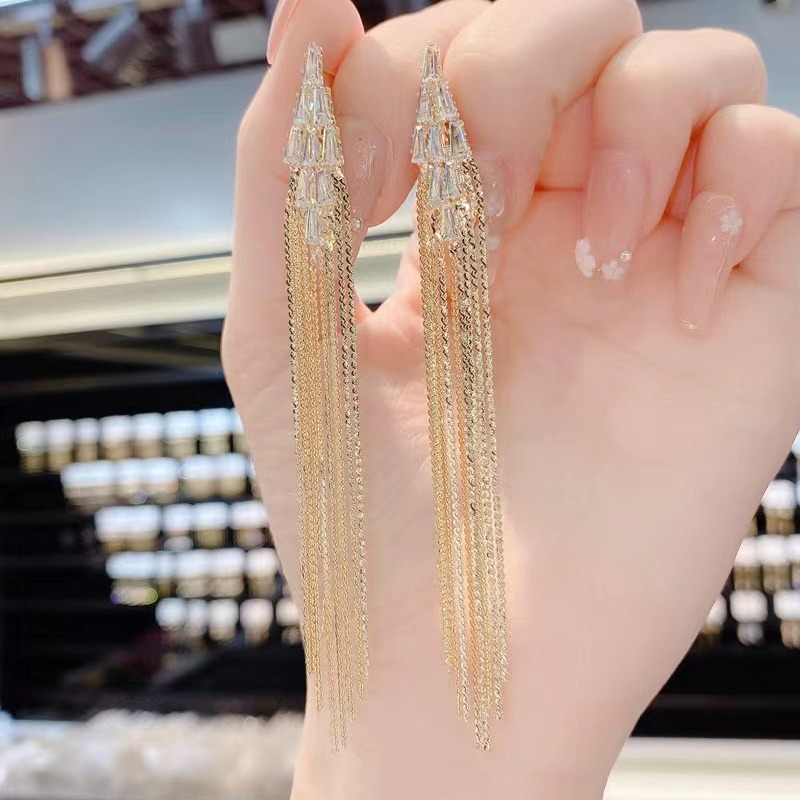 Exaggerated Long Chain Zircon Tassel Earrings Silver Drop Earrings_voghion.com