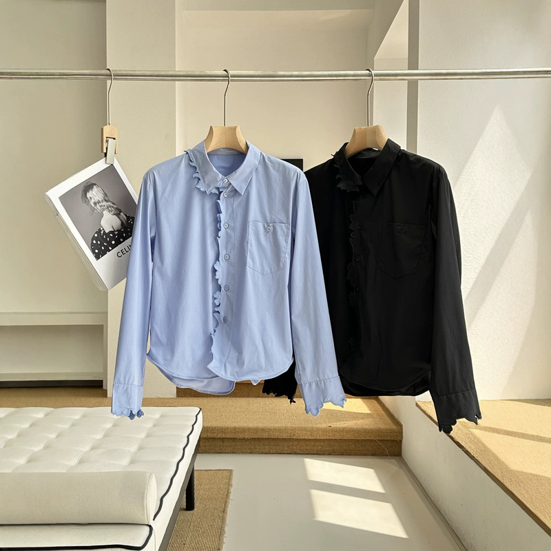 Muju 1300+! Irregular Paper-Cut Embroidery Blue Lapel Long-Sleeve Shirt for Women, New Spring 2026 Model