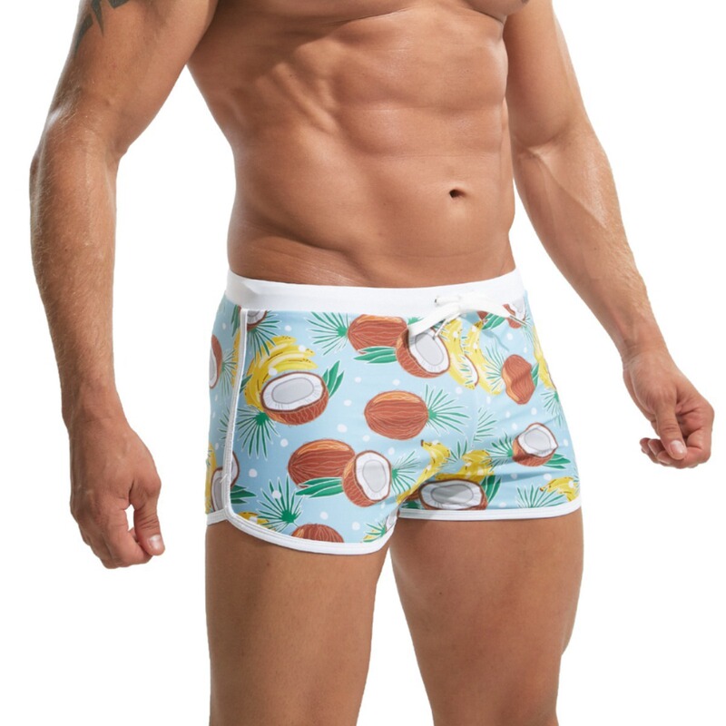 Summer Men's Nylon Printed Boxer Swim Trunks with Drawstring Fr048