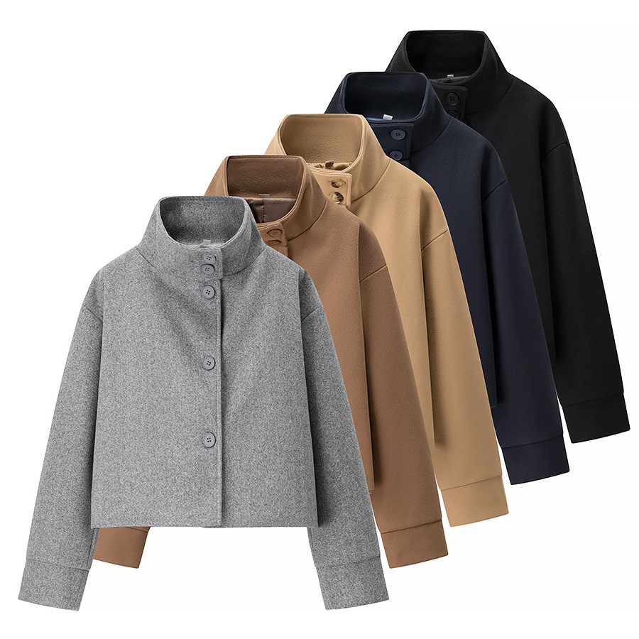 跨境外贸女装2025秋季欧美风立领长袖纯色单排扣毛呢外套女C92829
