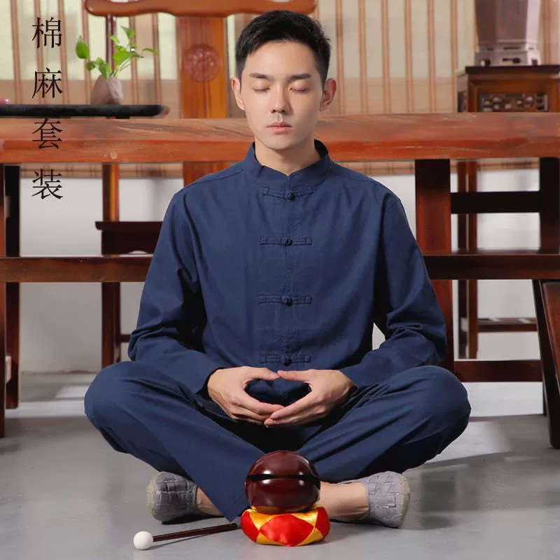 Летний костюм из хлопка и льна, одежда для медитации, костюм Тан среднего возраста, одинаковый стиль для мужчин и женщин, тканевые пуговицы, ретро-буддийский стиль, древний стиль династии Хань.