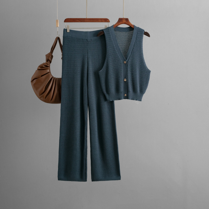 Fashionable Knitted Women Summer V neck Sleeveless Vest High Waist Straight Pants Two Piece Set