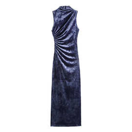 跨境欧美女装速卖通时尚天鹅绒褶皱连衣裙