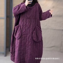 2025冬新棉麻女装复古砂洗国风中长款圆领棉衣中式套头棉服袍子