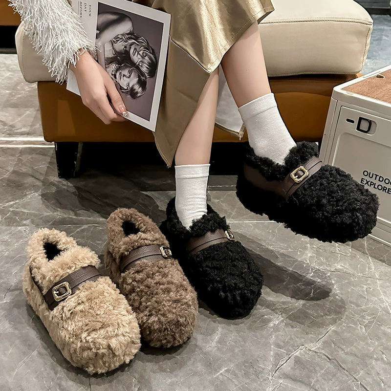 Носите педаль ремня пряжка плюс бархат теплая хлопчатобумажная обувь 2024 новая бобовая обувь осень и зима