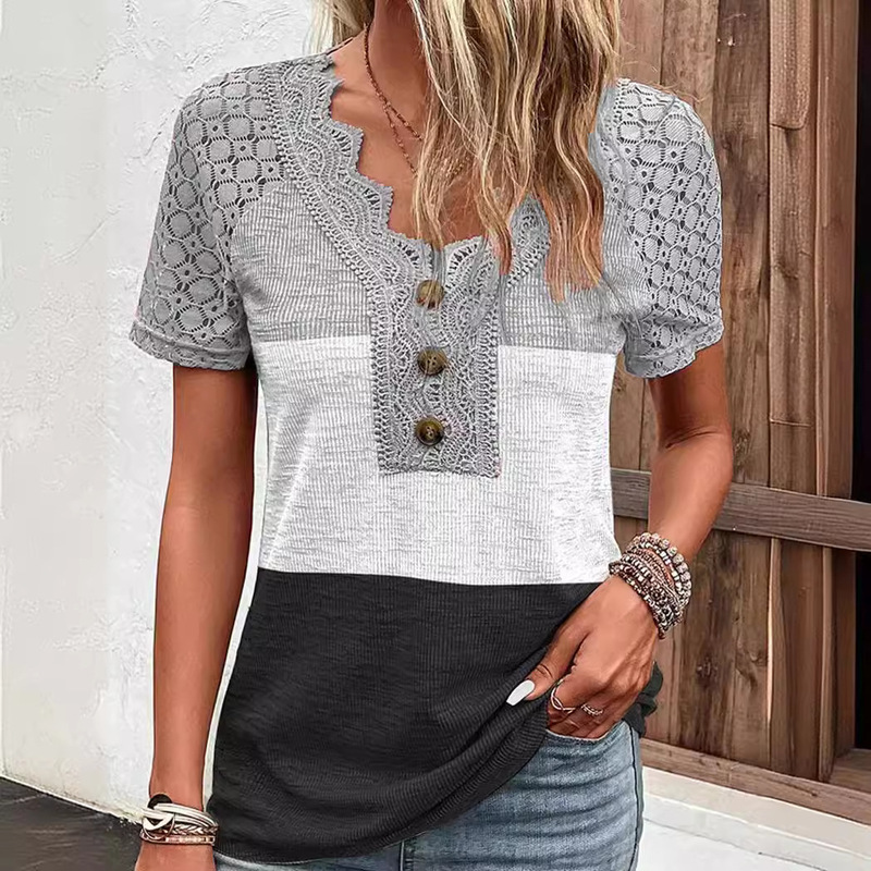 Cross-border 2024 Amazon AliExpress spring new comfortable casual lace stitching V-neck top short sleeve t-shirt Cross-border 2024 Amazon AliExpress spring new comfortable casual lace stitching V-neck top short sleeve t-shirt