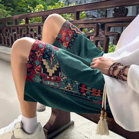 亚马逊热卖男士民族风休闲短裤跨境男装夏新款亚麻透气宽松五分裤