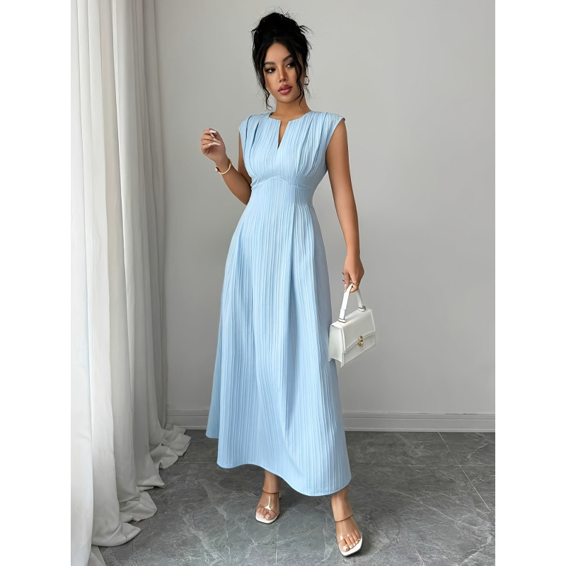 Women's New Summer Style Fashionable and Elegant Solid Color Textured Fabric Pleated Waist-Cinching Sleeveless A-Line Long Dress Women's New Summer Style Fashionable and Elegant Solid Color Textured Fabric Pleated Waist-Cinching Sleeveless A-Line Long Dress