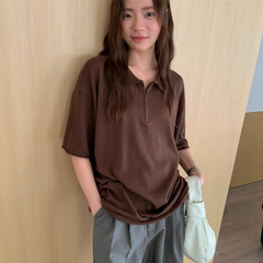 广州十三行2025秋韩系polo领半拉链气质通勤正肩短袖上衣女02939