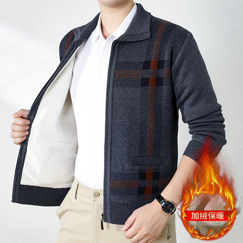 Source factory autumn and winter men's fleece-lined jackets, stand-up collar sweaters, knitted dad clothes, thick and warm clothing