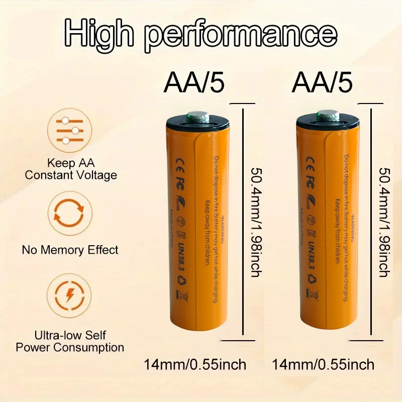 USB-перезаряжаемая батарея AA (№5) 2200 мА·ч, перезаряжаемый литий-элемент 1.5В, интерфейс Type-C