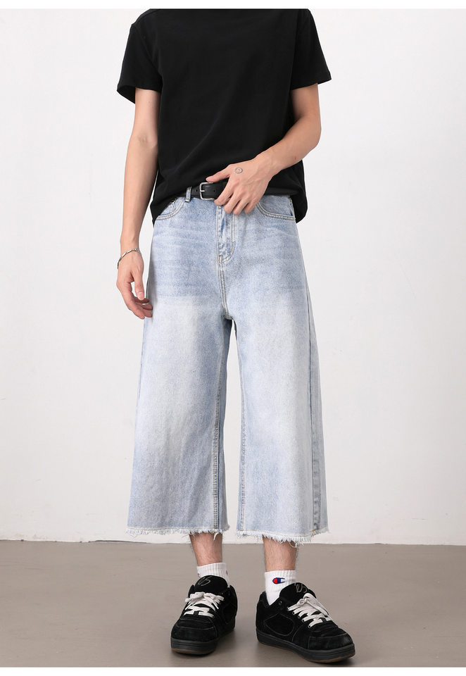 Quần short denim nam ống rộng dáng thẳng, kiểu Mỹ cổ điển, wash xước gấu, dài 8/10 — Màu xanh dương chi tiết 13