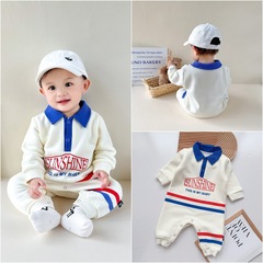 ins嬰幼兒連體衣2023冬季新款美式復古加絨爬服男女寶寶外出哈衣