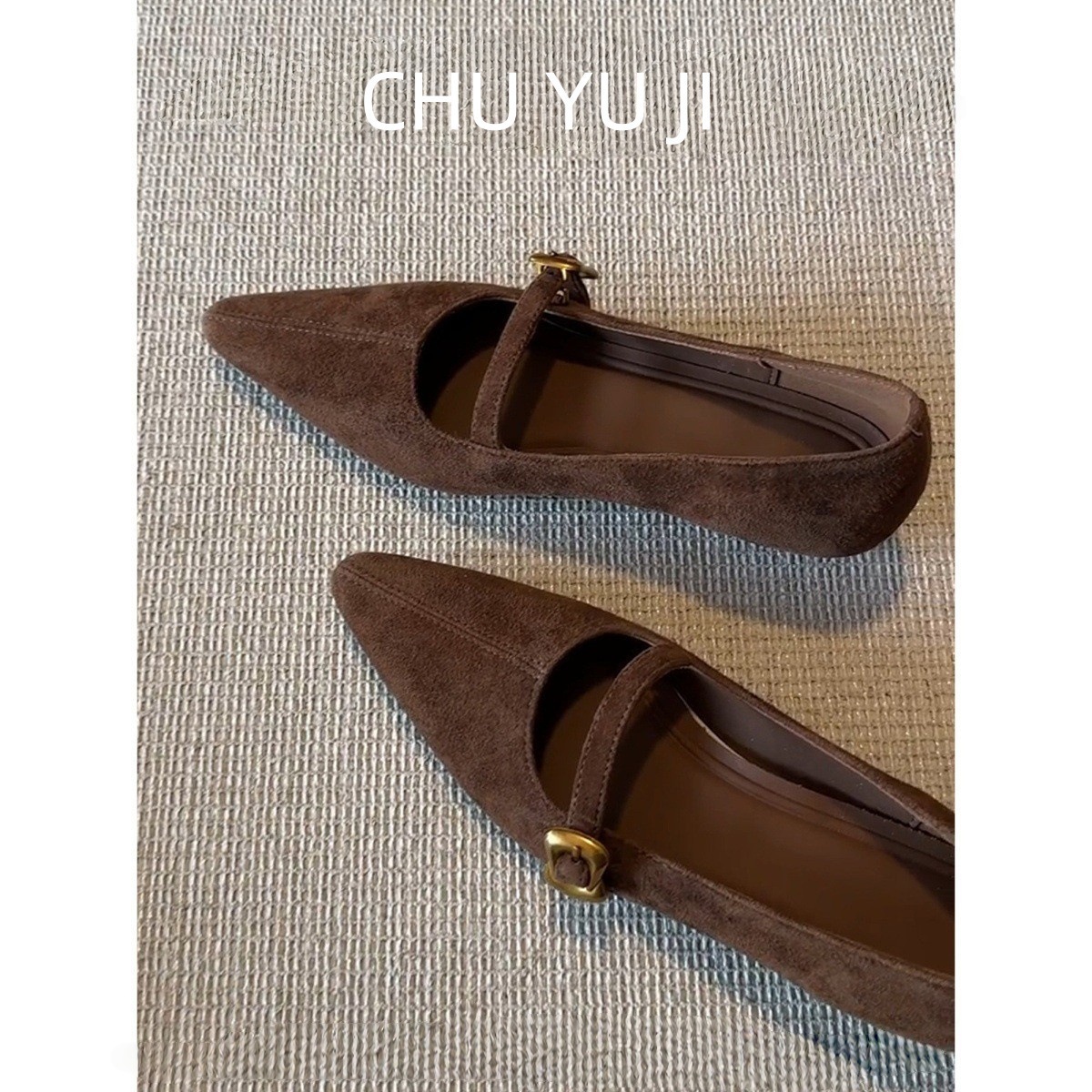Fashionable retro suede universal solid color Mary Jane shoes pointed-toe with a strap, wide stable heel, mid heel