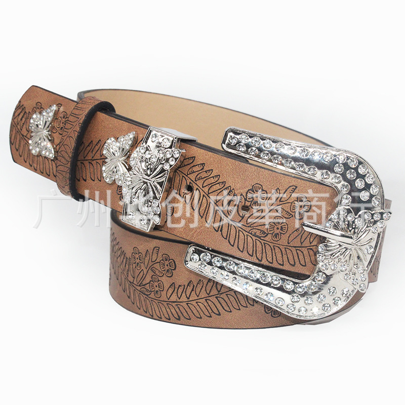 欧美潮点钻水钻蝴蝶扣个性百搭枝蔓小花压花PU皮女士腰带装饰跨境