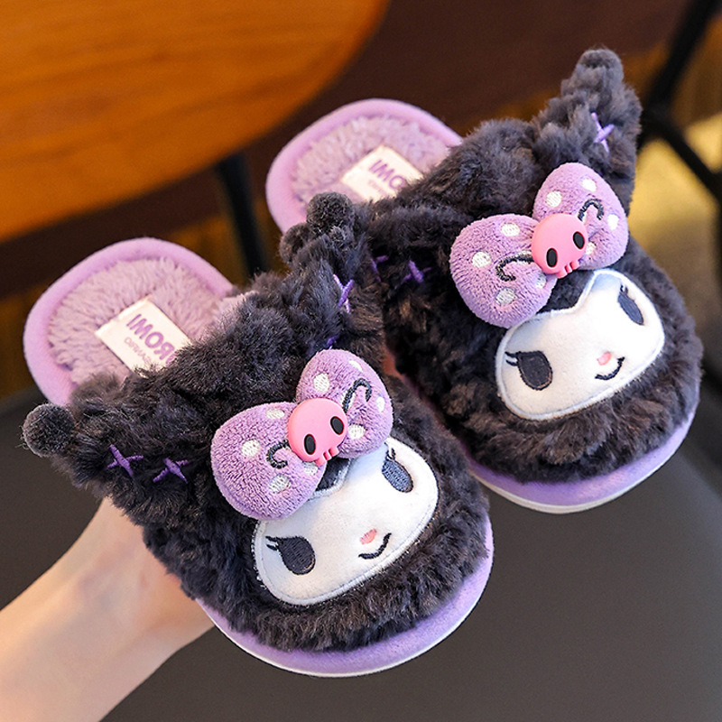 Authentic Kuromi Kidsren's Floor Mop Girls Autumn and Winter New Sanrio Home Indoor Non-Slip Furry Slippers